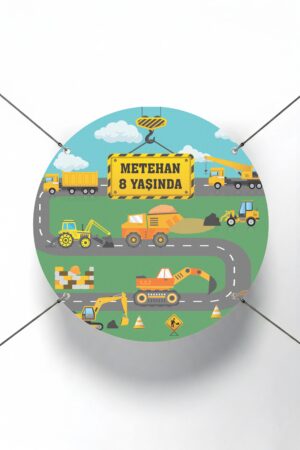 İnşaat Araçları Temalı Yuvarlak Doğum Günü Afişi