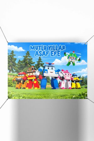 Robocar Poli Temalı Dikdörtgen Doğum Günü Afişi